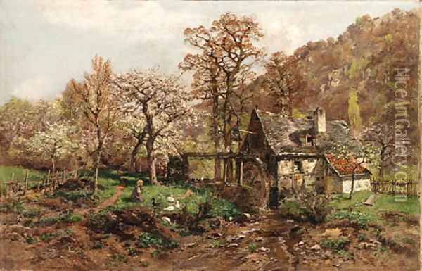 A young girl by a mill among spring blossoms Oil Painting - Heinrich Hartung