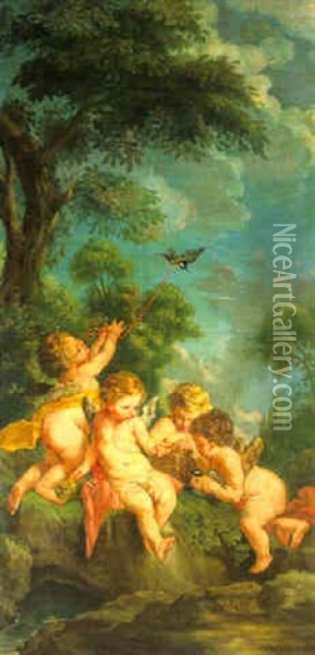 Groupe D'amours Jouant Avec Des Oiseaux Oil Painting - Louis Michel van Loo