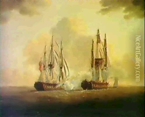 The Engagement Of H.m.s. Crescent [&] Reunion Off  Cherbourg Oil Painting - Thomas (Captain) Elliott