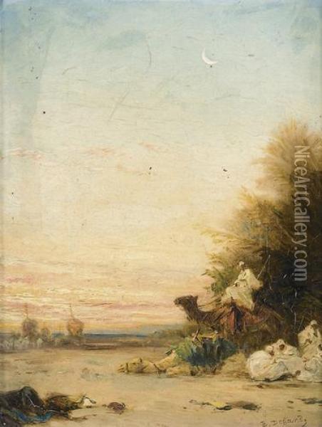 Abendliche Oasenpartie Mit Rastenden Beduinen. Oil Painting - Eugene Degand