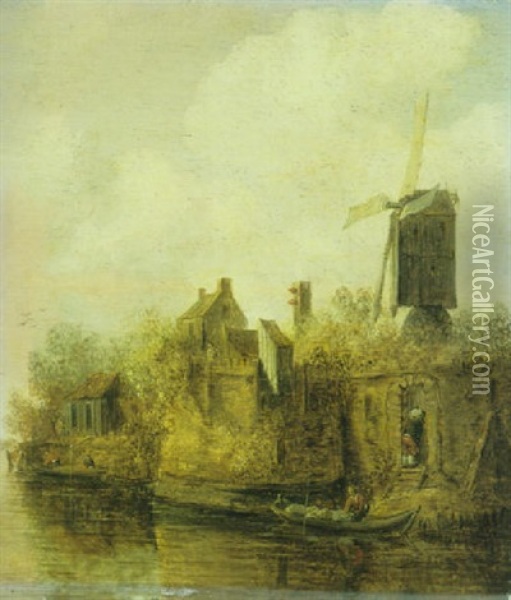 Flusslandschaft Mit Windmuhle Und Boot Oil Painting - Jan Coelenbier