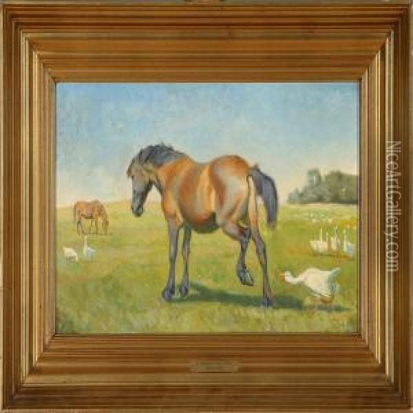 Grazing Horsesand Geese Oil Painting - Karl Frederik Hansen-Reistrup