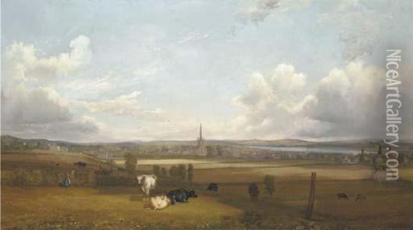 View Of Alloa, With Cows And Figures In The Foreground Oil Painting - John Fleming