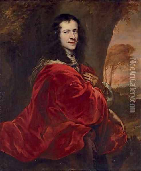 Portrait of a gentleman, three-quarter-length, in a red cloak, before a landscape Oil Painting - Jurgen Ovens