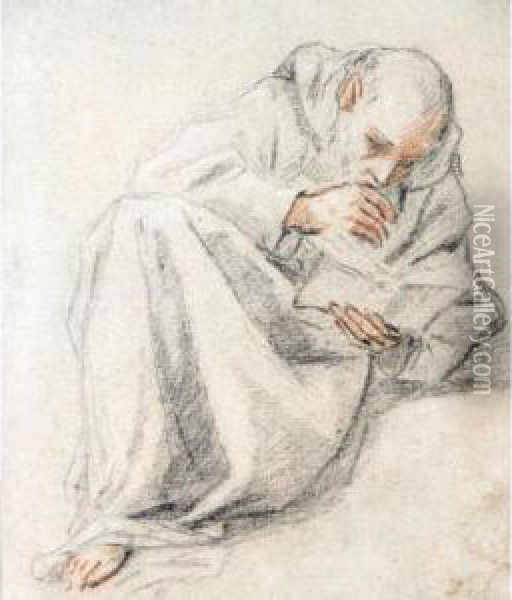 Study Of A Seated Monk Reading Oil Painting - Fra Semplice Da Verona
