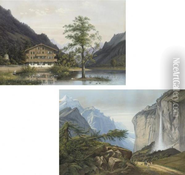 A Chalet Near A Mountain Lake; Strolling By The Waterfall Oil Painting - Henri Knip