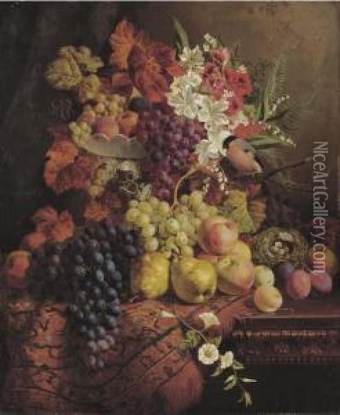Flowers, Fruit, A Bullfinch And Its Nest Oil Painting - William Hughes
