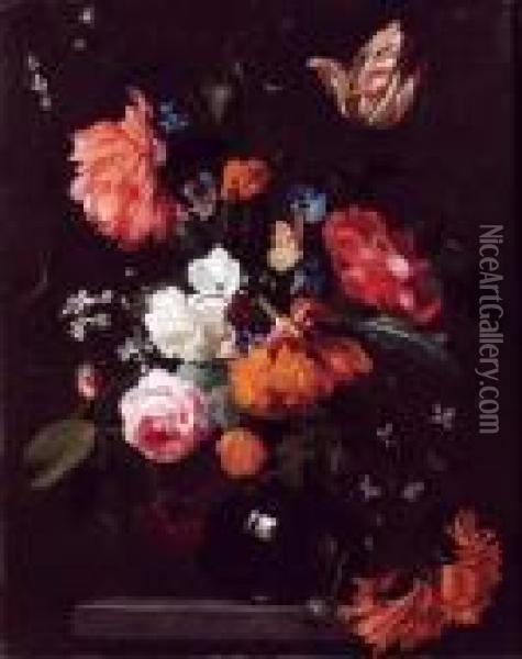 Vase De Roses, Tulipes Et Autres Fleurs Sur Un Entablement Oil Painting - Simon Pietersz. Verelst
