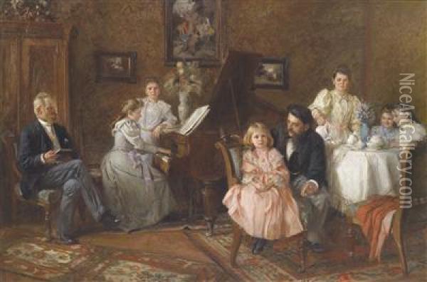 Large Family Portrait Set In The Salon Oil Painting - Frantisek Bohumil Doubek