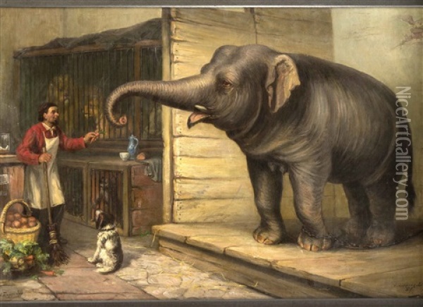 Hinter Den Kulissen Eines Wanderzirkusses Futtert Ein Gehilfe Einen Elefanten Mit Mohren Oil Painting - Victor Zeppenfeld