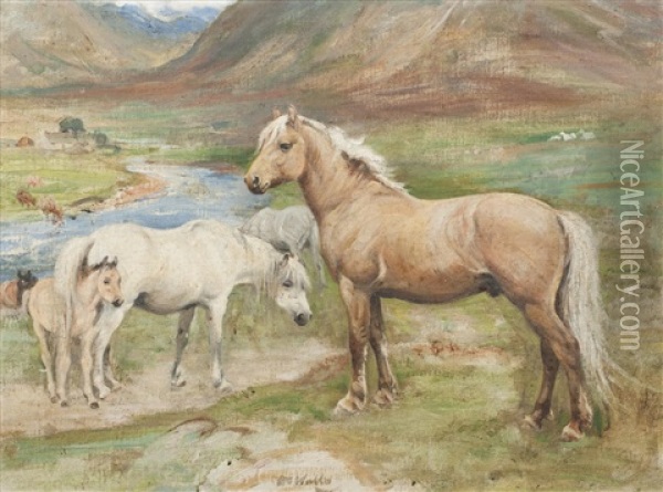 Horses In A Field Oil Painting - William Walls
