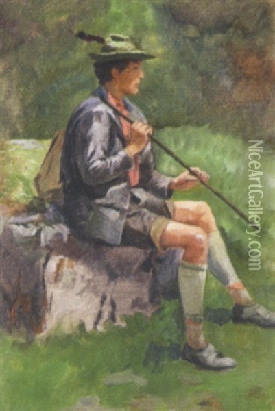 Sitzender Mops Junger Wanderer Mit Stock Oil Painting - Julius von Blaas