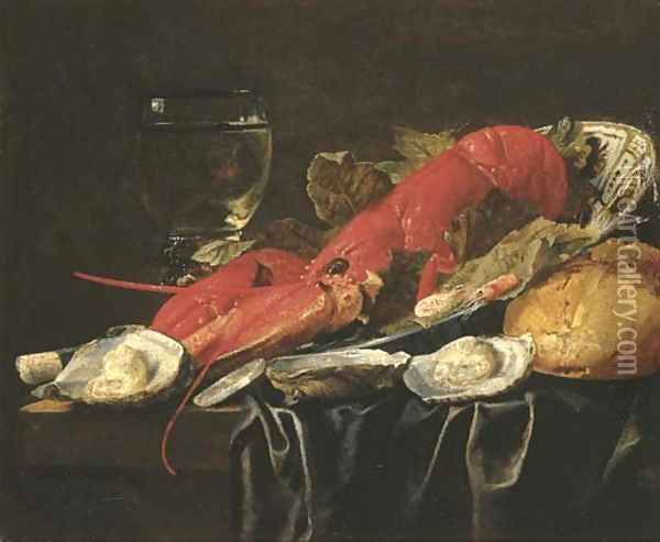 A lobster, shrimps and vine leaves in a Wanli 'kraak' porcelein bowl, a roemer, oysters and a loaf of bread on a partially draped table Oil Painting - Christian Luycks