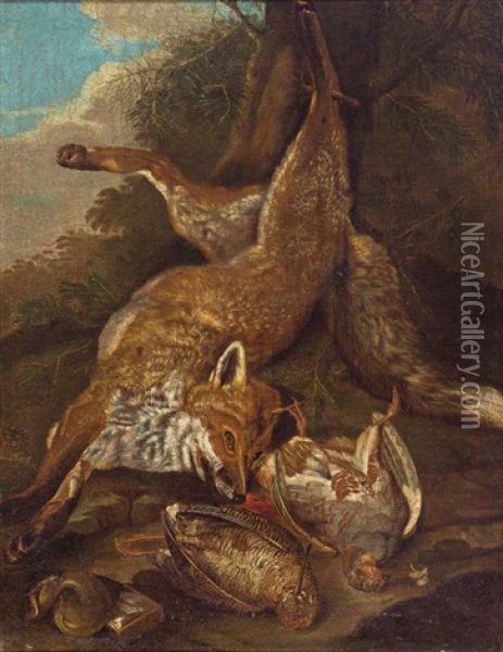 Stilleben Mit Fuchs, Schnepfe Und Vogel Oil Painting - Franz Roesel von Rosenhof