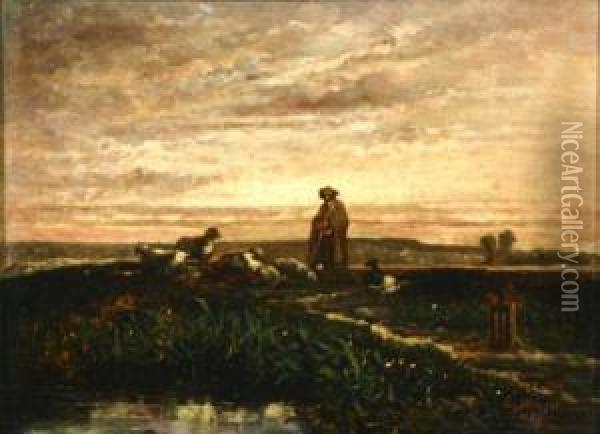 Shepherd With Flock, Sunset Oil Painting - Constant Mayer