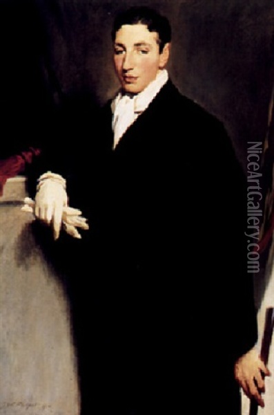 Portrait Of Denis Cohen, Three-quarter Length, Wearing A    Black Coat And A White Glove And Holding A Cane Oil Painting - Glyn Warren Philpot