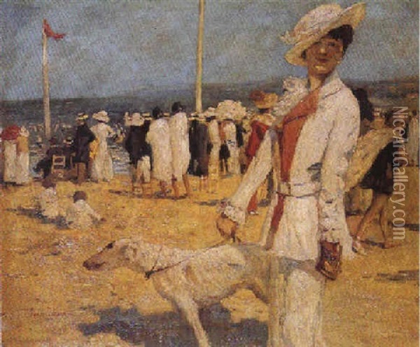 Dame In Weis Mit Windhund Am Strand Oil Painting - Henri Pierre Hippolyte Dubois