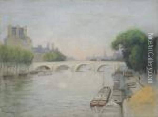 Vue Du Pont Royal Et Du Palais Du Louvre, Des Peniches Sur La Seine Au Premier Plan Oil Painting - Pierre Ernest Prins