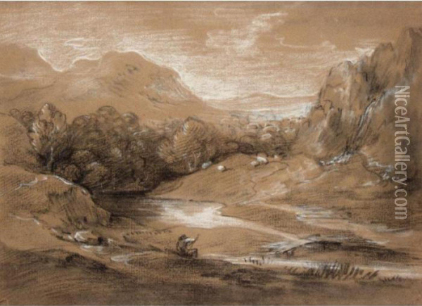 Mountain Landscape With Figure, Sheep And Stream Oil Painting - Thomas Gainsborough
