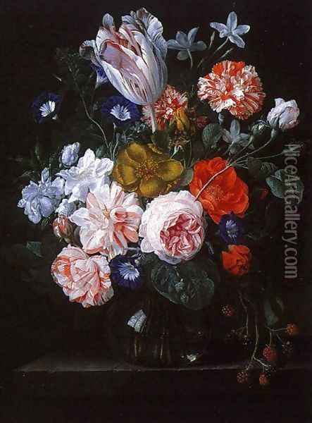 A Tulip, Carnations, and Morning Glory in a Glass Vase Oil Painting - Nicolaes van Veerendael