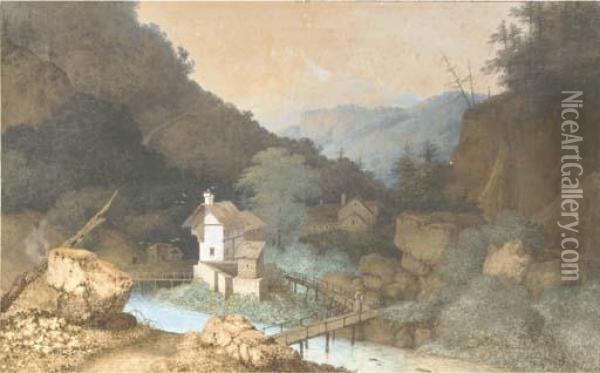Farmhouses By A Bridge Over A River In A Mountanious Landscape Oil Painting - Martheus Derk Knip