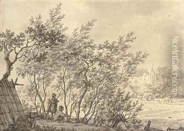 Two figures in a copse watching a bird trap, a castle beyond Oil Painting - Jacob Cats