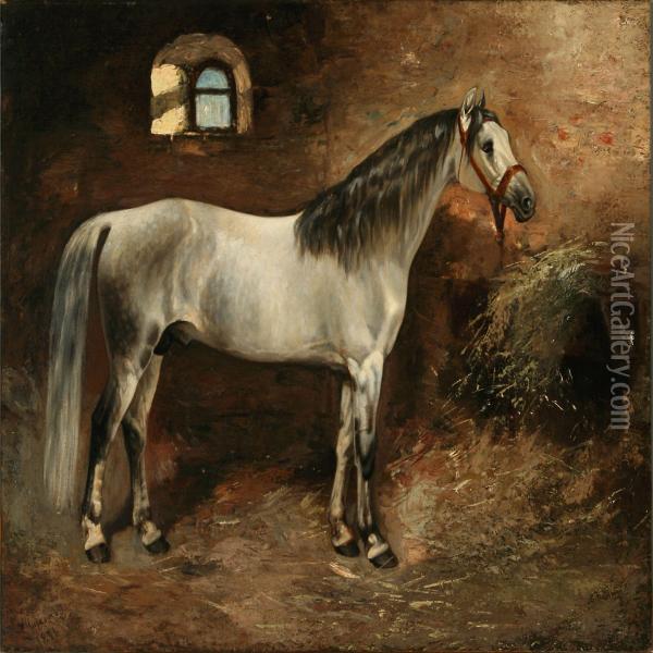 Whiteand Grey Horse In A Stable Oil Painting - Aleksandr Dmitrievich Litovchenko