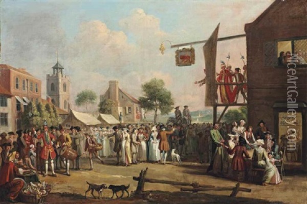 A Fair, With A Crowd Gathered In A Square By The Red Lion Inn, With Actors On A Balcony, And A Recruiting Officer And Drummer Beside A Stall Oil Painting - Louis (Laguerre le vieux) Laguerre