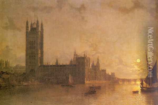 Westminister Abbey, The Houses of Parliament with the Construction of Wesminister Bridge Oil Painting - Henry Pether