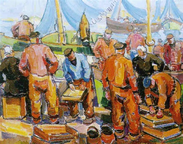Pecheurs Sur Le Port De Douarnenez Oil Painting - Pierre De Belay