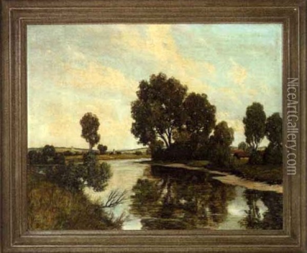 River Landscape With A Village In The Distance Oil Painting - Lothar Rudolf Meilinger