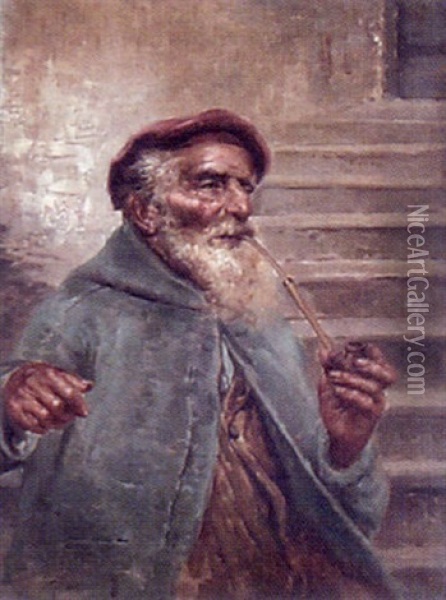Portrait Of Gentleman Smoking Pipe Oil Painting - Raffaele Frigerio