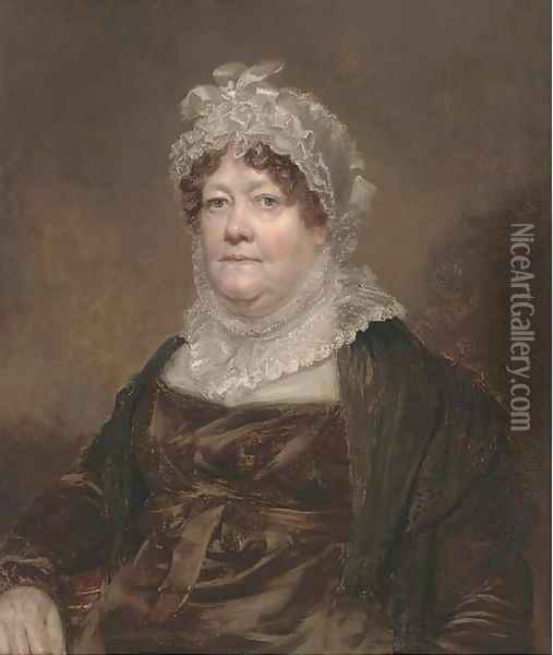 Portrait of a lady, bust-length, in a brown dress wearing a lace bonnet Oil Painting - English School