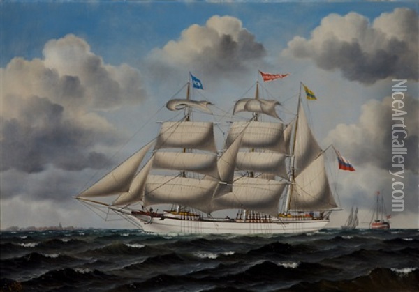A Ship Painting Of The Barque Fyra Broder And Lightvessel Ogden Oil Painting - I. Dahl