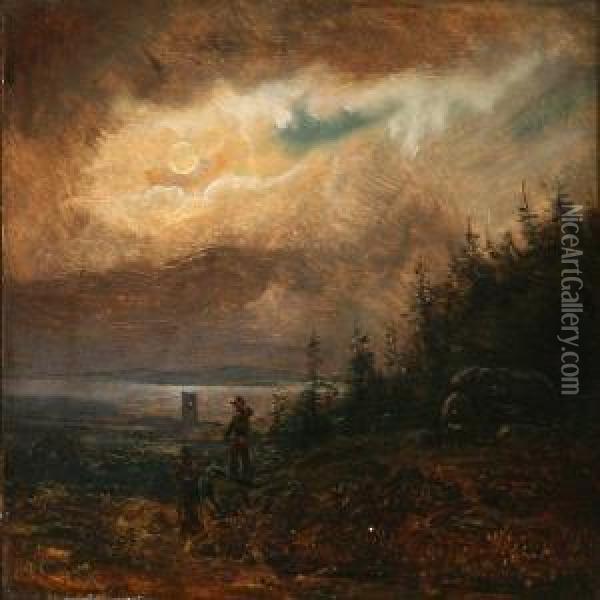 Evening Landscapewith Two Persons Walking Oil Painting - Vilhelm Thomas Pedersen