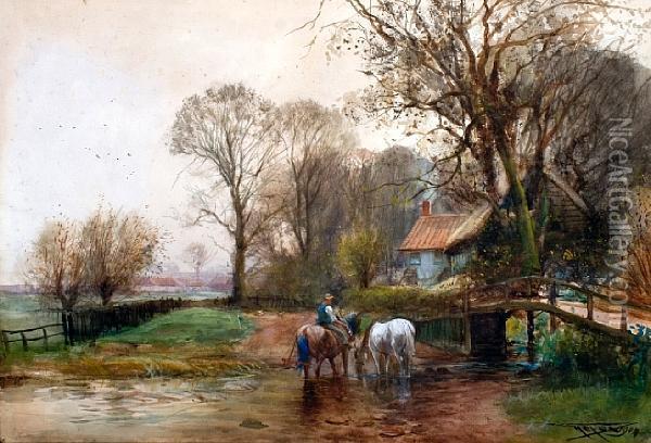 Farm Boy Watering Horses Before A Wealdencottage Oil Painting - Henry Charles Fox