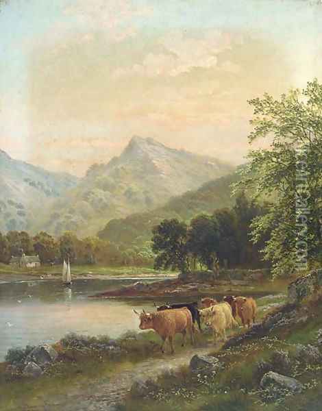 Highland cattle by a river Oil Painting - Albert Dunnington
