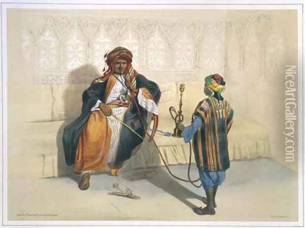 An Arab Sheikh Smoking, illustration from The Valley of the Nile, engraved by Saint Germain, pub. by Lemercier, 1848 Oil Painting - Emile Prisse d'Avennes