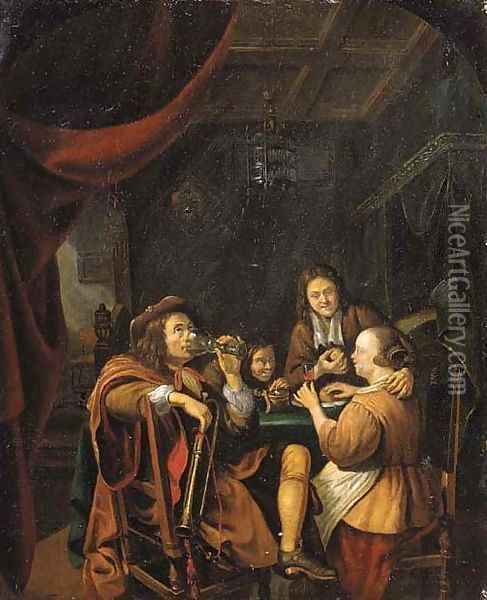 Officers drinking at table in a brothel Oil Painting - Caspar Netscher