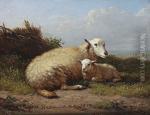 Sheep And Lamb In A Landscape Oil Painting - Eugene Joseph Verboeckhoven