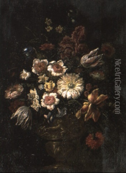 Flowers In A Sculpted Urn On A Pedestal Oil Painting - Bartolome Perez