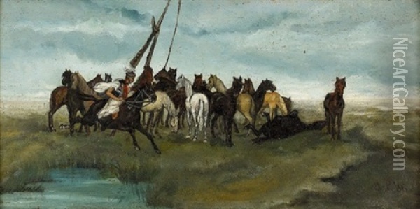 Pusztalandschaft Mit Pferden Oil Painting - August Xaver Carl von Pettenkofen