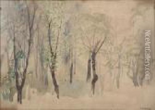'trees'; White Clouds And Trees Oil Painting - Arthur Bowen Davies