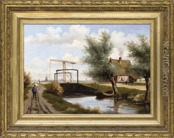 A Boat Moored Beside The Lock Oil Painting - Geo Poggenbeek