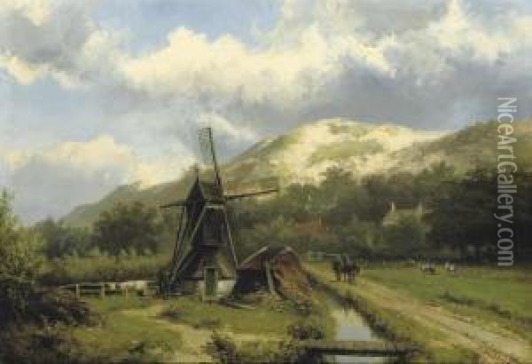 A Windmill In A Dune Landscape Oil Painting - Willem Koekkoek