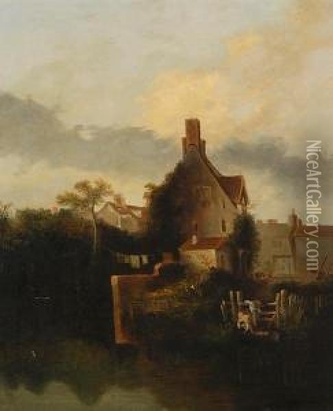 St Martins, Norwich, By The River Wensum. Oil Painting - John Berney Crome