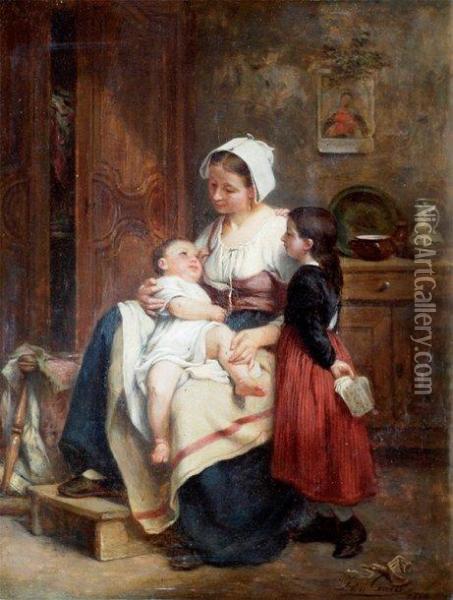 Femme Avec Deux Enfants Peinture Sur Panneau Oil Painting - Leon Caille