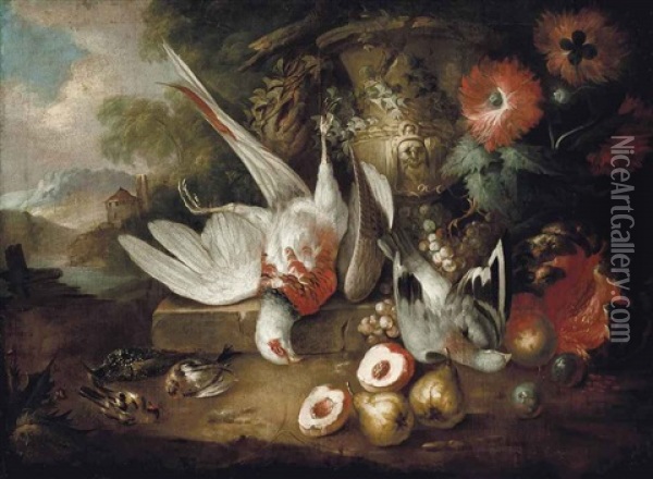 A Pheasant And A Pigeon On A Stone Ledge Beside A Sculpted Urn, Other Birds And Pears, Peaches, Plums And Flowers In A Landscape Oil Painting - Alexandre Francois Desportes