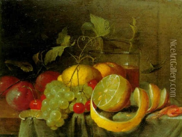 A Peeled Lemon, Plums And Other Fruit On A Partly Draped Table Oil Painting - Jan Davidsz De Heem