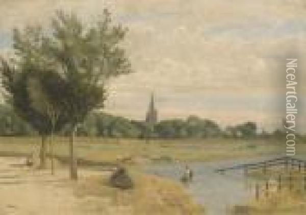 L'abreuvoir; Vue Prise Pres Des Remparts, Avec La Tour De La Lanterne, La Rochelle Oil Painting - Jean-Baptiste-Camille Corot